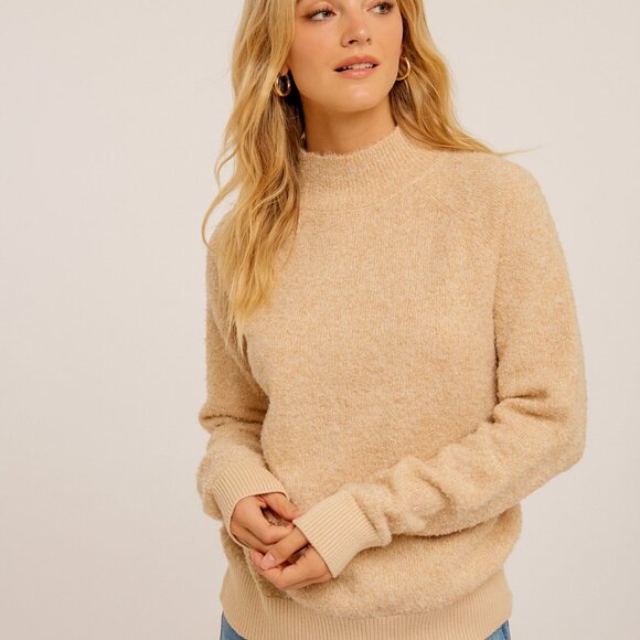 HEM & THREAD Beige Mock Neck Cozy Knit Sweater, Soft Neutral Pullover - Picture 1 of 7